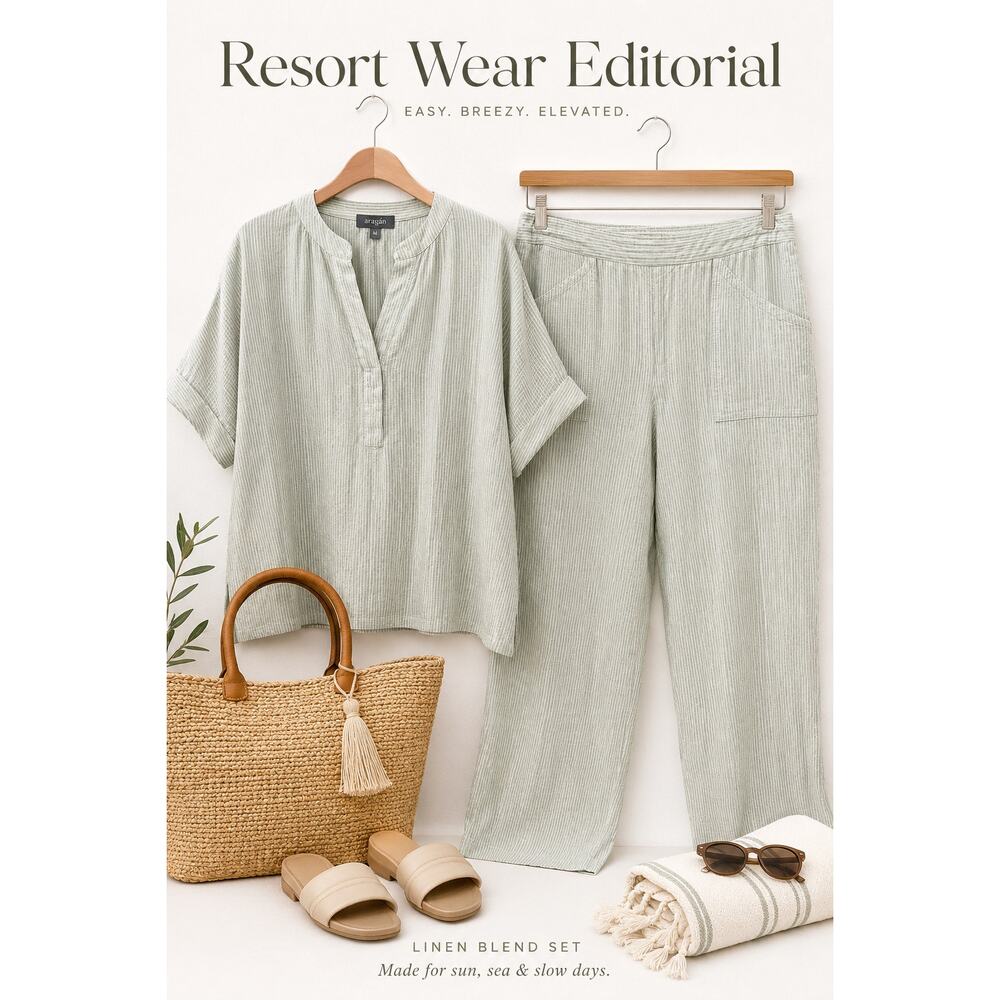 Aragano Sage Green Striped Linen Blend Lounge Set Size Medium